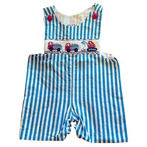 Molly Pop Smocked Overall Romper Blue & White Stripes Trucks & Dozer 18 Months